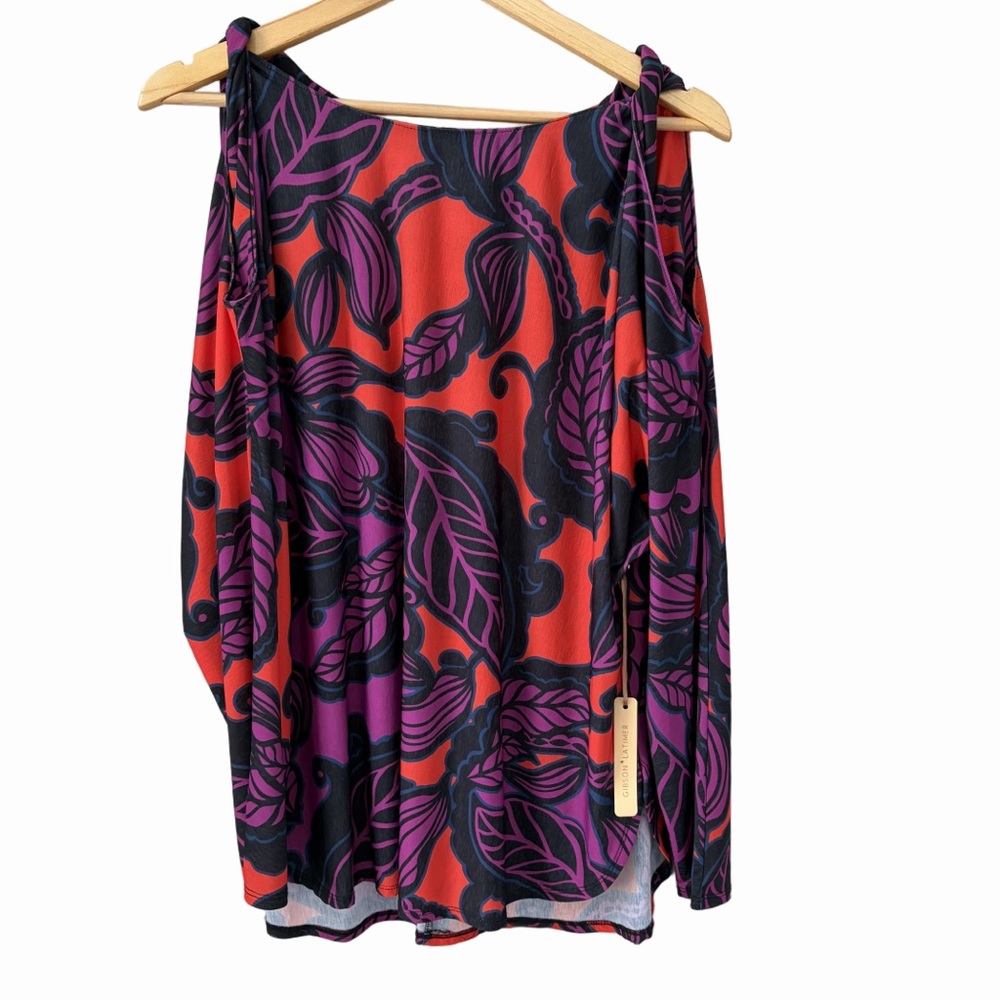NWT Latimer Gibson Exotic Jungle Sz L Red and Purple Floral Open Shoulder Top - Picture 2 of 8